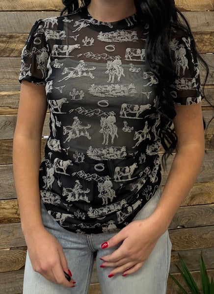 The Western Scene Short Sleeve Mesh Top