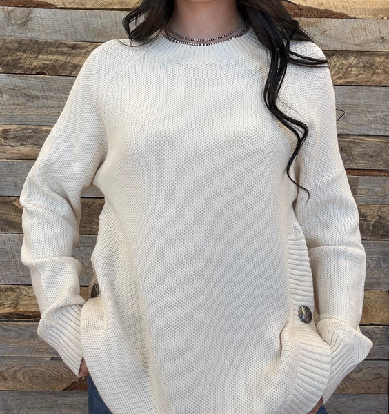 The Knitted Round Hem Sweater Buffalo Button Cream Sweater