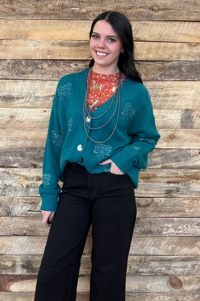 The Only Way Boot Stitch Turquoise Cardigan