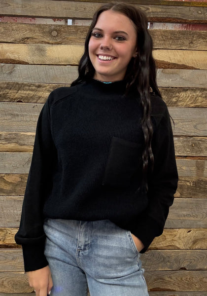 The Around Here Block Mock Neck Black Sweater