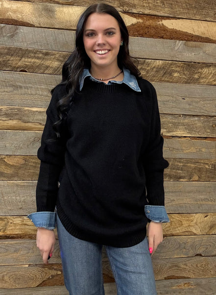 The Knitted Round Hem Sweater Buffalo Button Black Sweater