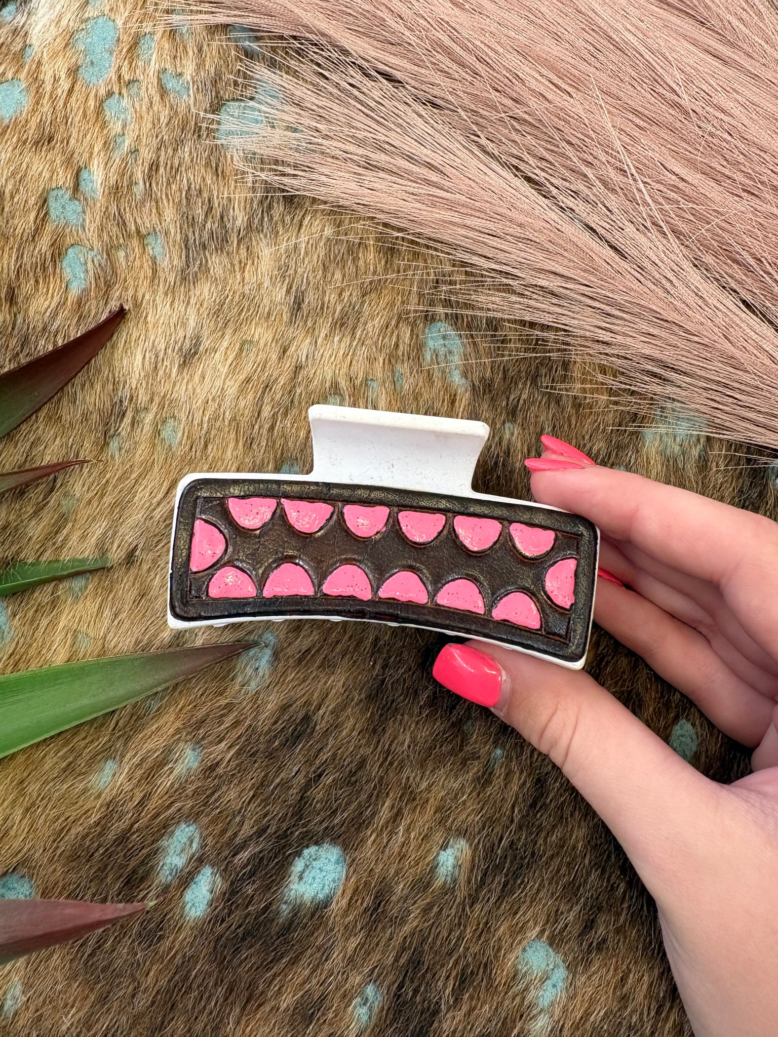 The Pink and Brown Leather Hair Clip