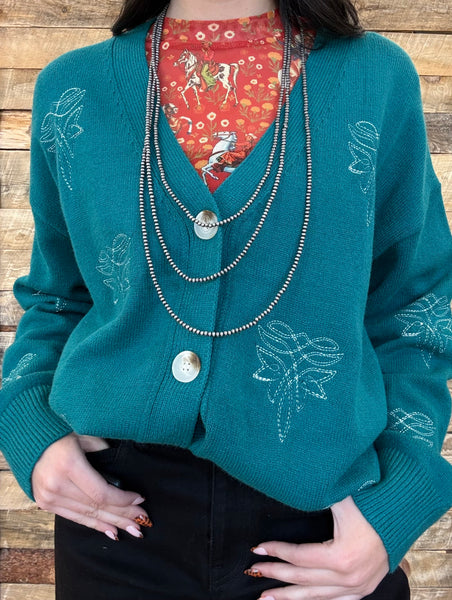 The Only Way Boot Stitch Turquoise Cardigan