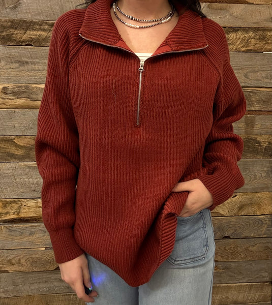 The Keep Me Here All Rust Quarter Zip Sweater
