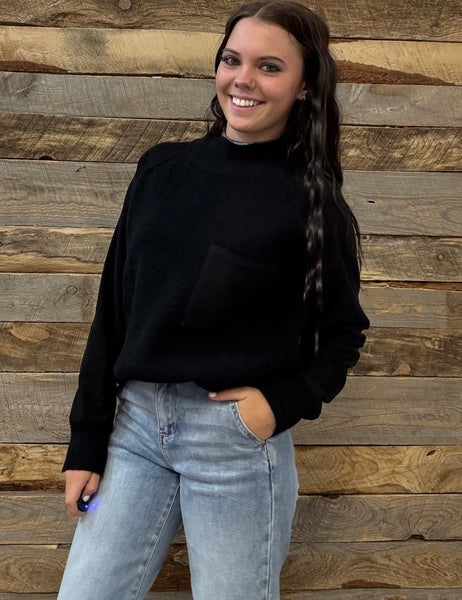 The Around Here Block Mock Neck Black Sweater