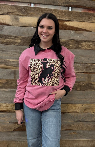 The CrissCross Chaos Leopard Bronc Pink Acid Wash Sweatshirt