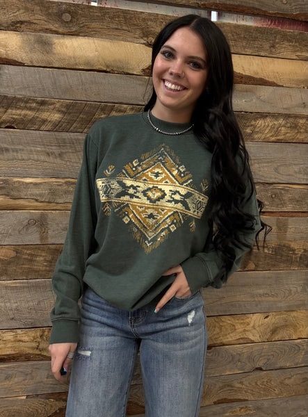 The Short Walk Aztec Mineral Olive Sweatshirt
