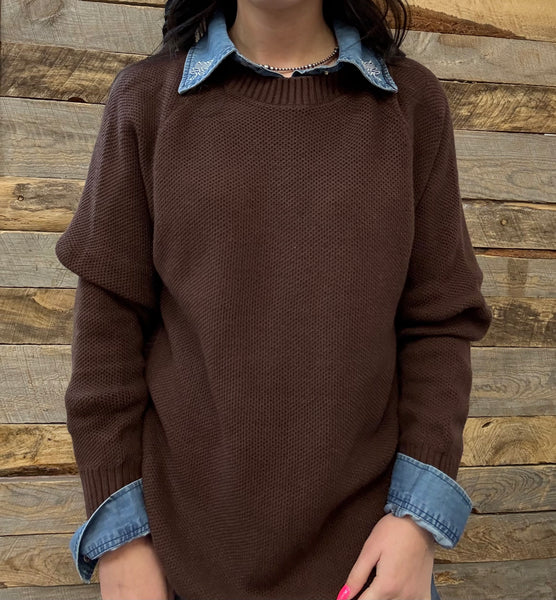 The Knitted Round Hem Sweater Buffalo Button Brown Sweater