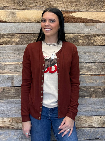 The Snap Button Sweater Rust Long Sleeve Cardigan