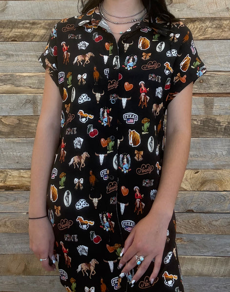 The Western Printed Button Down Black Tunic Dress