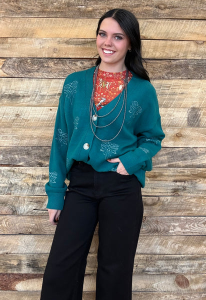 The Only Way Boot Stitch Turquoise Cardigan