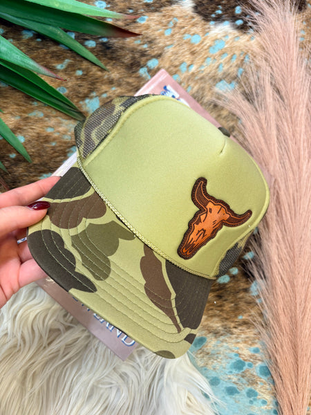 The Steer Skull Green Camo Cap