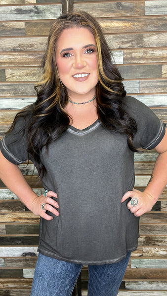 The Right Here Ash Black V Neck Top