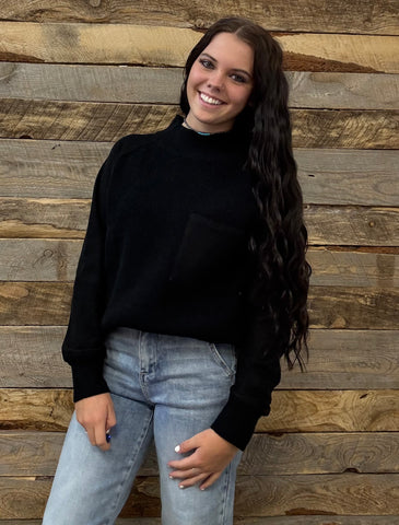 The Around Here Block Mock Neck Black Sweater