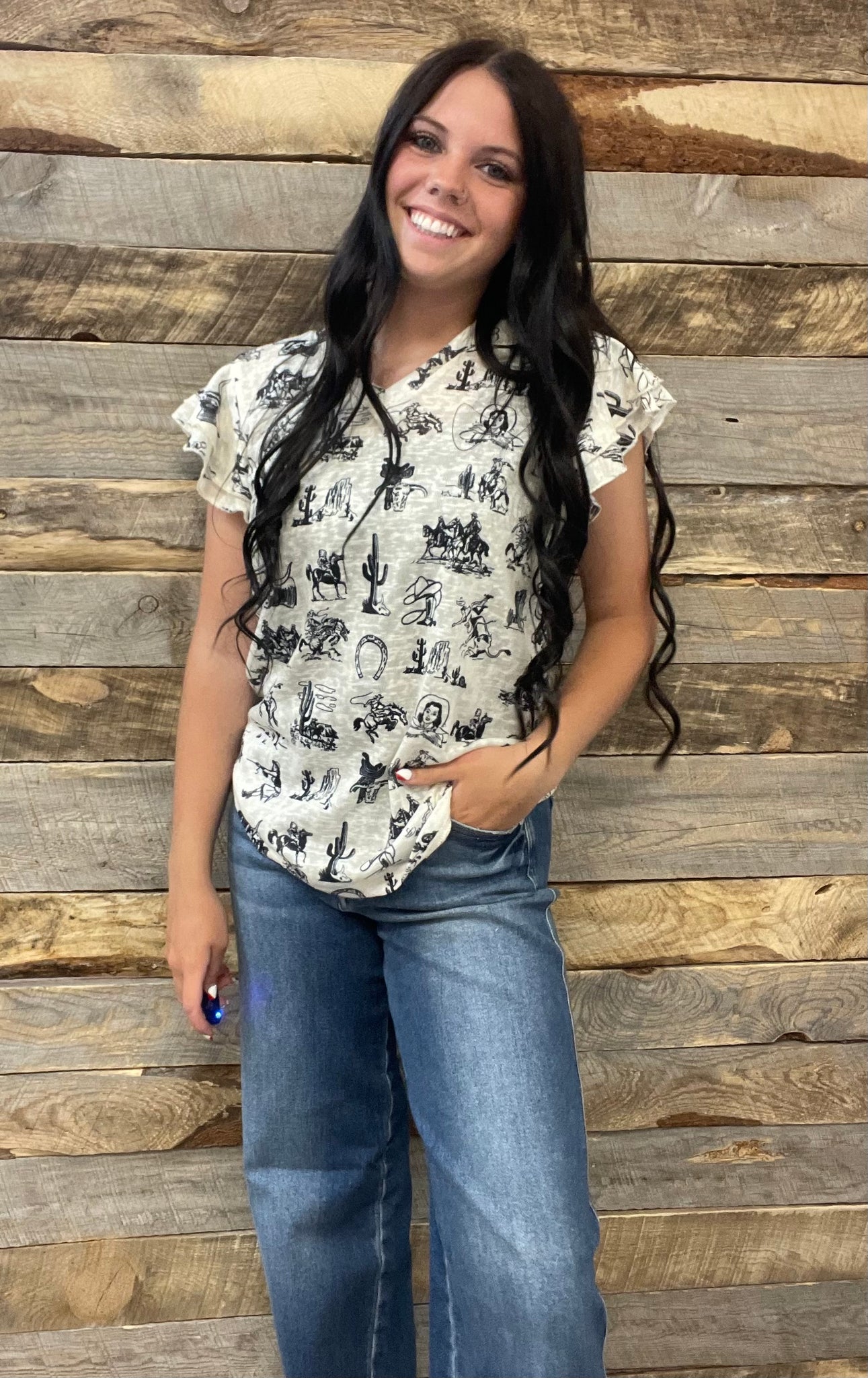 The Cowboy Cactus Ruffle Sleeved Top