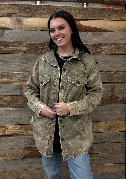 The Way To It Mineral Wash Button Olive Jacket