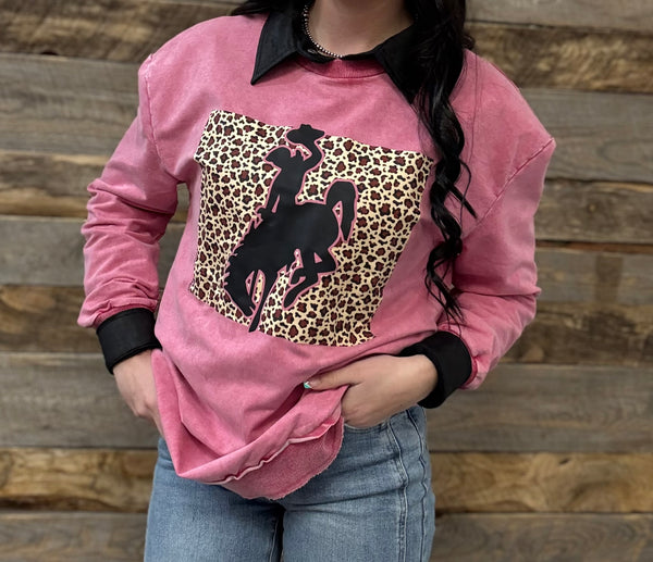 The CrissCross Chaos Leopard Bronc Pink Acid Wash Sweatshirt