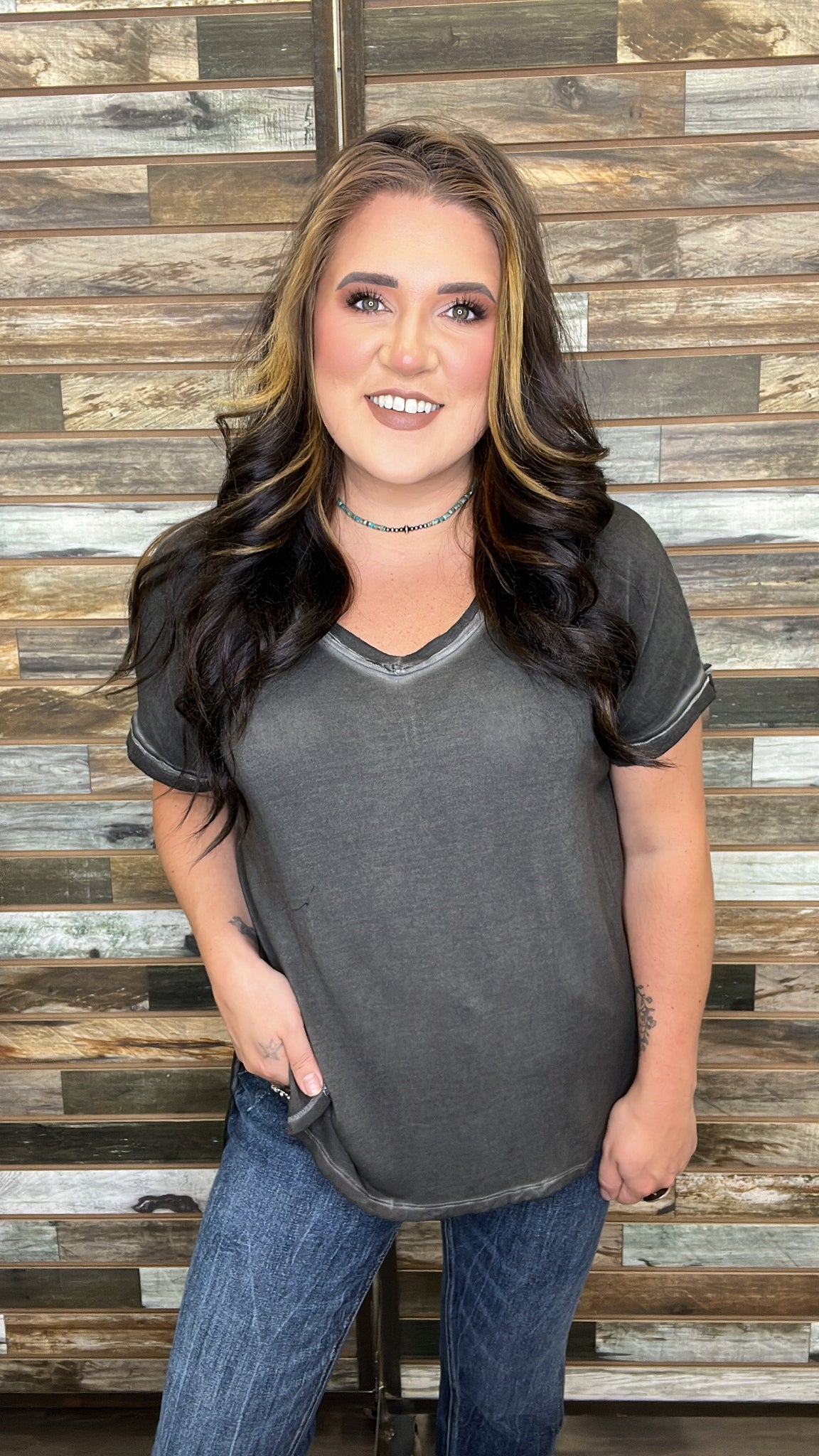The Right Here Ash Black V Neck Top