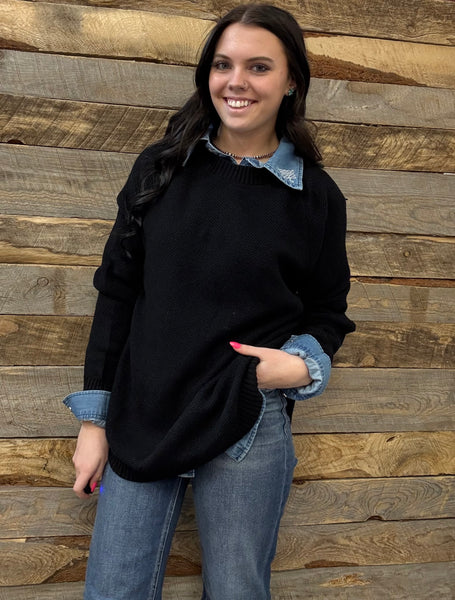 The Knitted Round Hem Sweater Buffalo Button Black Sweater
