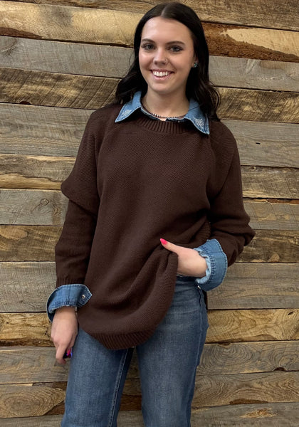 The Knitted Round Hem Sweater Buffalo Button Brown Sweater
