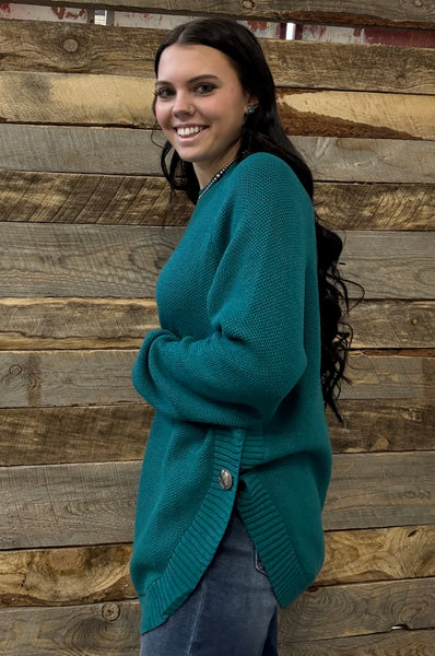 The Knitted Round Hem Sweater Buffalo Button Jade Sweater