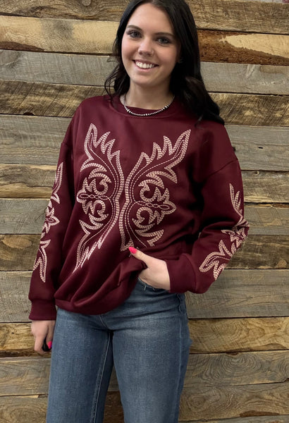 The Where Is It Boot Stitch Burgundy Sweatshirt