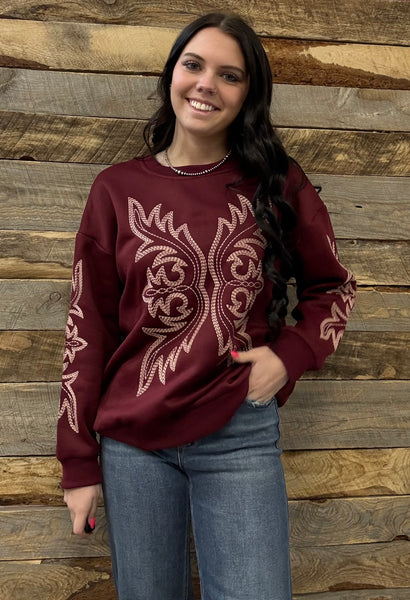 The Where Is It Boot Stitch Burgundy Sweatshirt