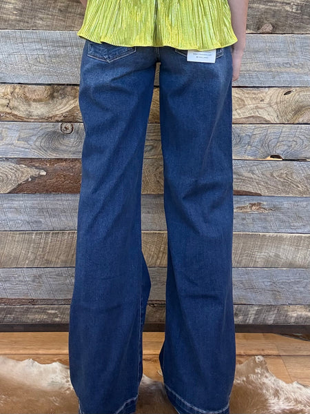 The Cloe Mid Rise Wide Leg Iron Press Dark Jean