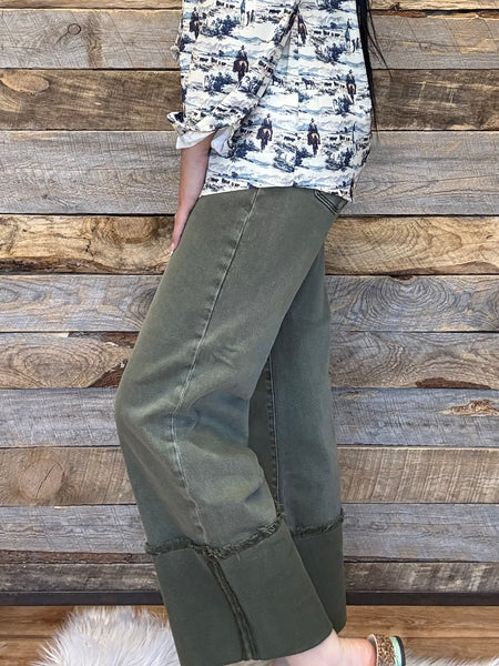 The Teagan Tummy Control Mid Rise Wide Crop Burnt Olive Jeans