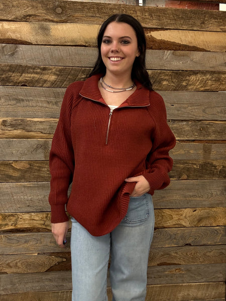 The Keep Me Here All Rust Quarter Zip Sweater