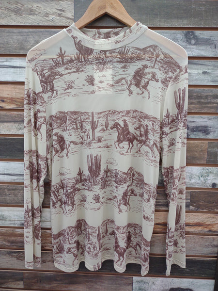The Western Print Mocha Mesh Top