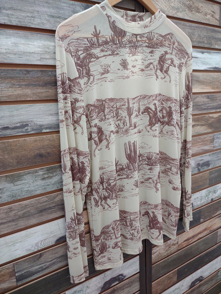 The Western Print Mocha Mesh Top
