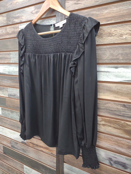 The Remember Me Smocked Frill Pleasant Blouse Black Top