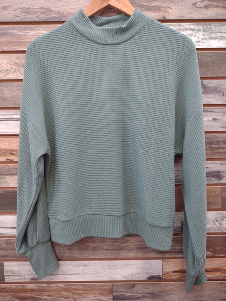 The Try Something New Ribbed Balloon Sleeve Gray Green Top