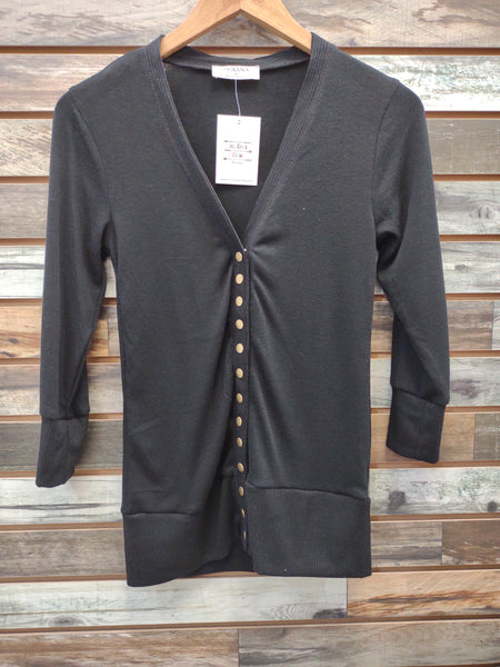 The Snap Button Sweater Black 3/4 Sleeve Cardigan