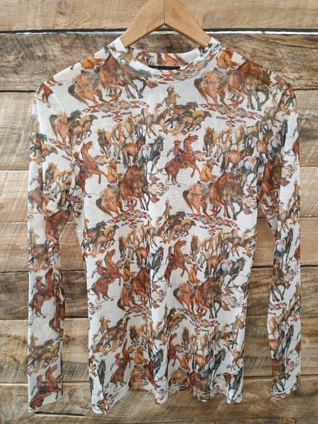 The Aztec Cowboy Mesh Long Sleeve Top
