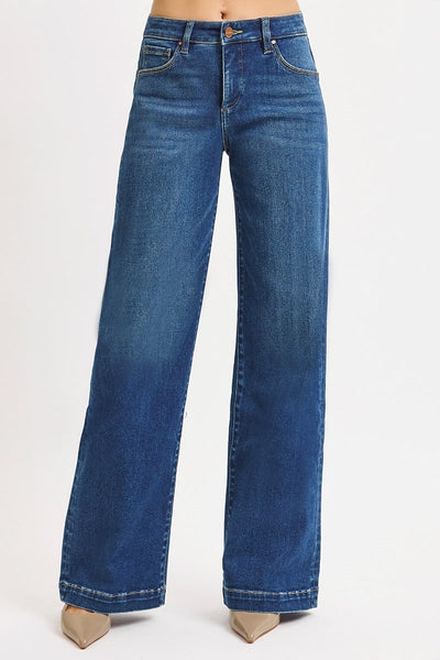 The Cloe Mid Rise Wide Leg Iron Press Dark Jean