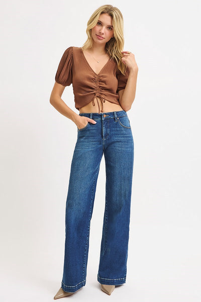 The Cloe Mid Rise Wide Leg Iron Press Dark Jean