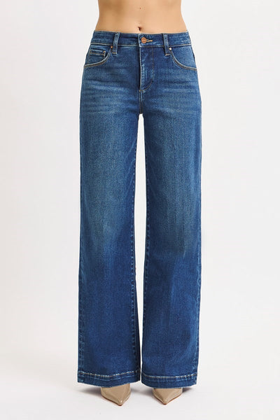 The Cloe Mid Rise Wide Leg Iron Press Dark Jean