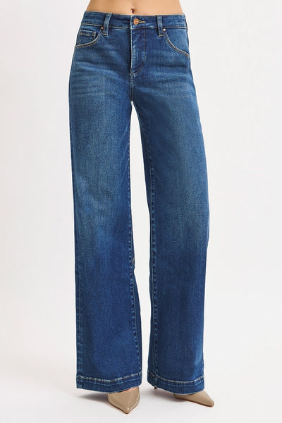 The Cloe Mid Rise Wide Leg Iron Press Dark Jean