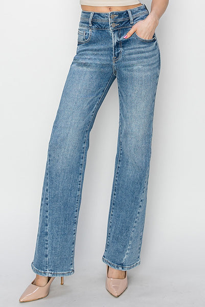 The Sharon High Rise Straight Leg Ankle Medium Jeans