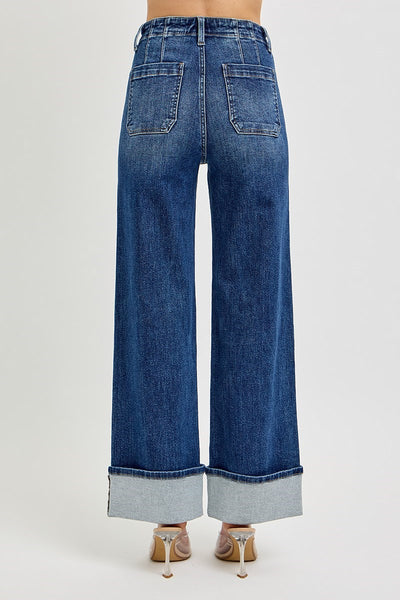The Tori High Rise Ankle Wide Button Down Dark Cuffed Jeans