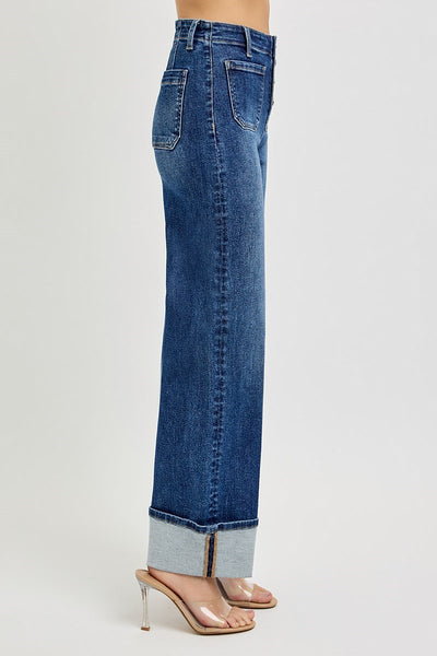 The Tori High Rise Ankle Wide Button Down Dark Cuffed Jeans