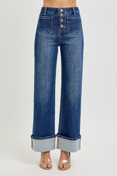 The Tori High Rise Ankle Wide Button Down Dark Cuffed Jeans