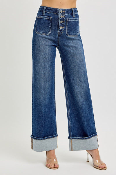 The Tori High Rise Ankle Wide Button Down Dark Cuffed Jeans