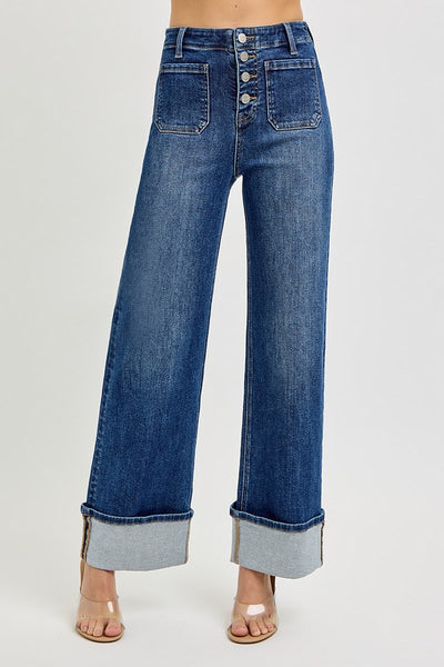 The Tori High Rise Ankle Wide Button Down Dark Cuffed Jeans