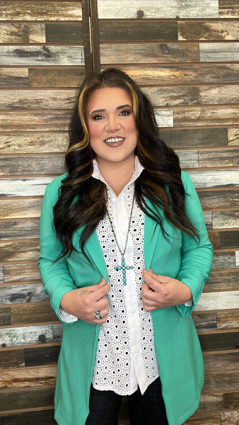 The Classic Basic Long Seafoam Green Blazer
