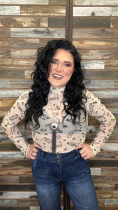 The Western Boots and Stars Tan Long Sleeved Mesh Bodysuit Top