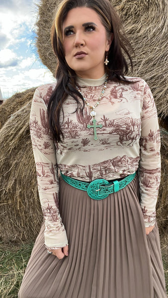 The Western Print Mocha Mesh Top
