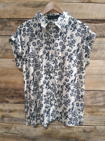 The Horses Floral Printed Button Down Collared Tunic Top